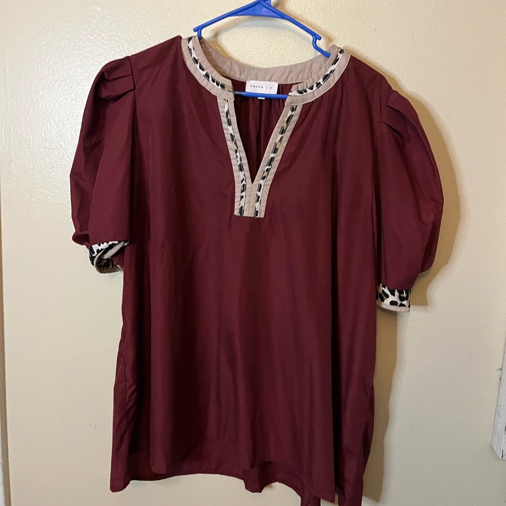 Entro Burgundy Maroon Puff Sleeve Top with Leopard Print Trim